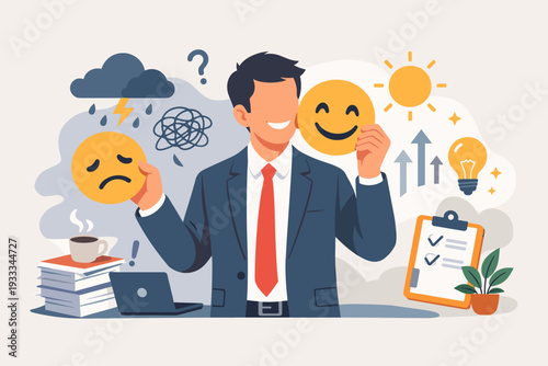 Businessman choosing a happy face over a sad emoji mask, overcoming work stress and anxiety. Concept of emotional intelligence, mental health, resilience, and positive mindset in the workplace.
