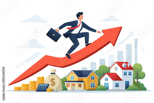 Businessman in suit riding a rising red arrow over houses and money bags, symbolizing real estate investment growth, property market success, mortgage finance, and wealth accumulation concept.