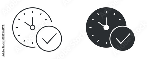 Time Management Icon Set, Clock with Check Mark Line and Solid Vector Illustration