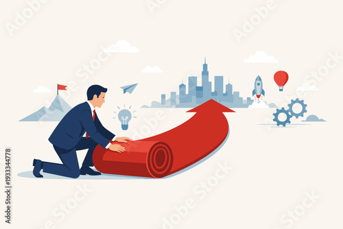 Businessman rolling out a red carpet shaped like an upward arrow towards a city skyline, symbolizing starting a new business, career development, leadership, growth strategy, and future success.