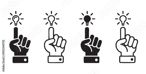Creative idea concept icon featuring human hand pointing finger at shining electric light bulb set