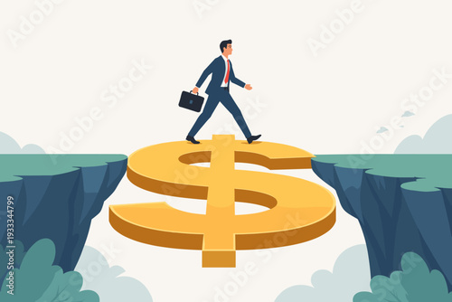 Businessman in a suit crossing a deep abyss using a large golden dollar sign as a bridge, symbolizing financial stability, investment risk, wealth creation, and business success strategy.
