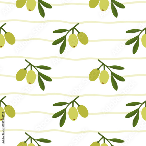 Wallpaper Mural Green olive tree twigs on a striped background. Vector seamless pattern. Botanical print for oil food label, home fabric, textile and wallpaper. Torontodigital.ca