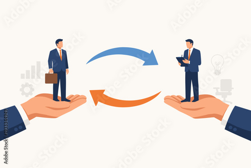 Job Rotation and Employee Exchange Concept Vector Illustration with Giant Hands Holding Businessmen Swapping Positions for Career Development, Professional Growth, Talent Management Strategy