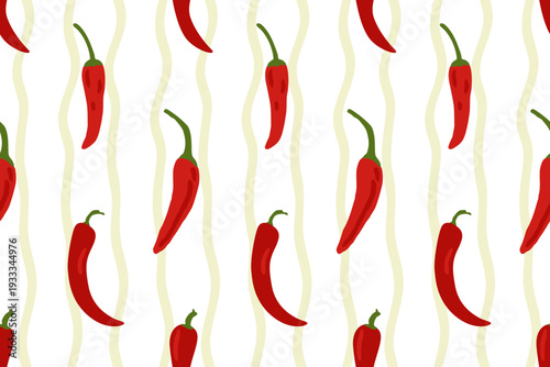 Hot red peppers on a delicate striped background. Cute vector illustration for wrapping paper, fabric and kitchen textile designes. Red chili horizontal seamless pattern.