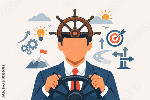 Strategic Leadership and Business Decision Making Concept with Visionary Manager Steering Towards Success, Motivation Mindset for Career Guidance, Goal Achievement, and Directional Management