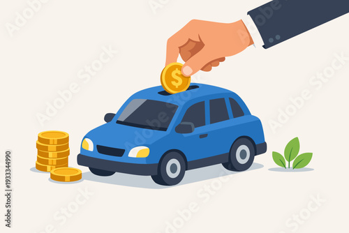 Hand putting gold coin into blue car piggy bank for saving money concept, vehicle purchase, car loan, automotive insurance, financial investment, and budget planning flat vector illustration.