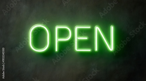 A bright green neon open sign on a dark wall at night