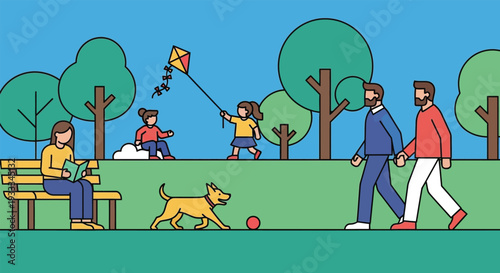 People enjoying a sunny day in the park with a dog and kite
