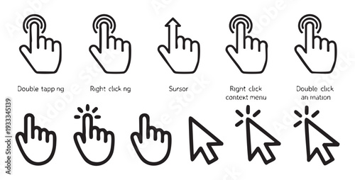 Computer interaction gestures featuring double tapping and right clicking cursor icons with labels