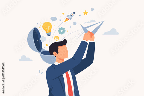 Businessman Launching Paper Plane with Creative Ideas Emerging from Open Head, Concept of Startup Innovation, Entrepreneurship, Visionary Thinking, Brainstorming, and Business Growth Strategy