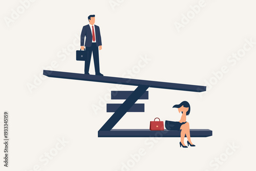 Gender Inequality and Pay Gap Concept with Businessman Standing on Top of Unequal Sign and Sad Businesswoman Sitting at Bottom Representing Workplace Discrimination, Unfairness and Bias