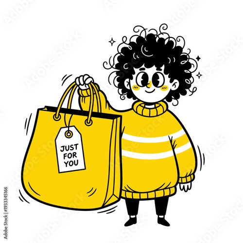 Cartoon Girl Holding Yellow Shopping Bag.