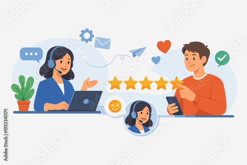 Customer Support Representative Assisting a Client with Positive Feedback and Five Star Rating Illustration. Friendly Service Agent Helping User via Online Chat and Mobile App Interface Concept.