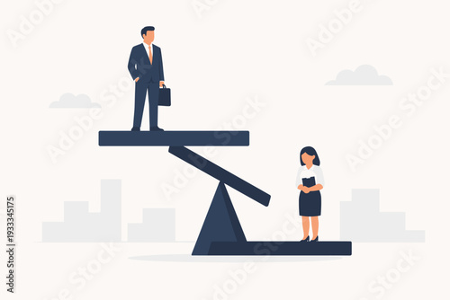 Gender Inequality and Workplace Discrimination Concept with a Businessman on a Higher Level and a Businesswoman Below on a Scale Representing the Glass Ceiling, Pay Gap, and Social Injustice.