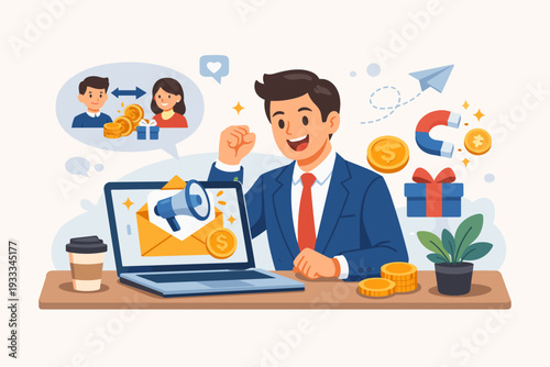 Happy businessman at desk with laptop receiving email about referral program to earn money, invite a friend for rewards and bonuses, affiliate marketing concept with magnet and gold coins.