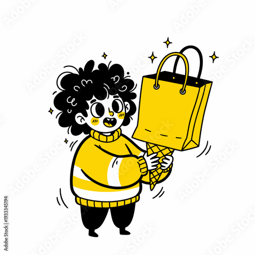 Cartoon Woman Holding Shopping Bag Smiling.