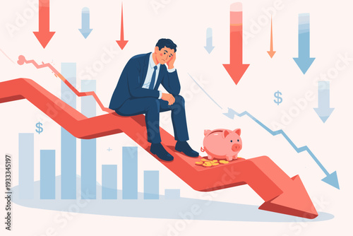 Stressed Businessman Sitting on a Falling Red Arrow Graph with a Piggy Bank, Representing Stock Market Crash, Financial Crisis, Economic Recession, Investment Loss, and Bankruptcy Illustration