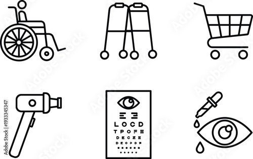 Accessibility, healthcare, shopping, icon, set, wheelchair, walker, cart, otoscope, eye, chart, drops, vision, medical, vector, outline, symbols, clinic, collection, illustration