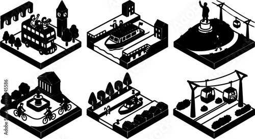 Isometric vector flat design city transport vignettes showing double decker bus canal boat cable car cyclists fountain park aerial view