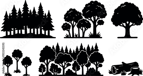 Flat design forest silhouette set showing varied tree shapes trunks canopy fallen log stump grouped rows top view vector art