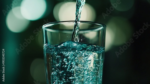 A clear glass cup being filled with fresh clean water on a dark background with bokeh lights
