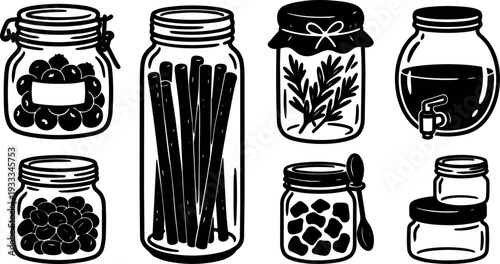 Hand drawn pantry jar vector set showing preserved fruits spices herbs jars with spoon tap and minimalist ink line art