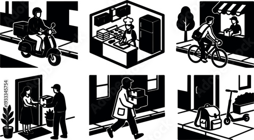 Flat design minimalist vector icon set delivery scenes with scooter cyclist doorstep courier chef preparing orders backpack pickup box handoff