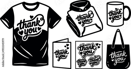 Flat design thank you lettering on t shirt mug tote card sticker sheet folded hoodie and close up front view