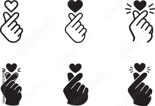 Finger heart love and gratitude outline icon set. Korean hand gesture editable stroke vector.
