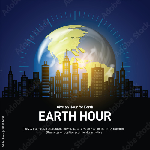 earth hour 2026. earth hour creative banner, poster, social media post, postcard, background, backdrop, template, web banner, cover vector design etc.