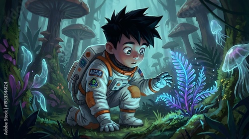Astronaut boy exploring glowing alien plant in fantasy forest