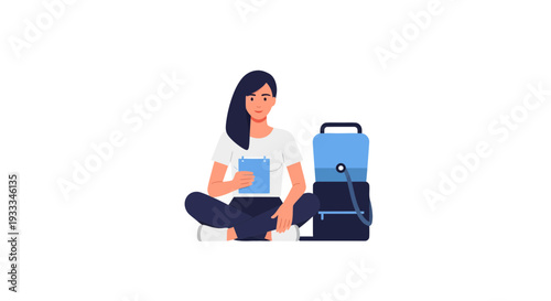 Young Woman Studying with Backpack and Water Dispenser.