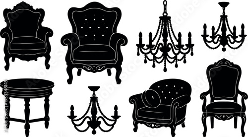 Flat design vintage furniture silhouettes eight elegant baroque tufted high back armchairs chandeliers round table decorative legs black vector set