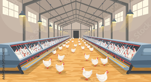 A flock of chickens roaming freely inside a modern poultry farm building.