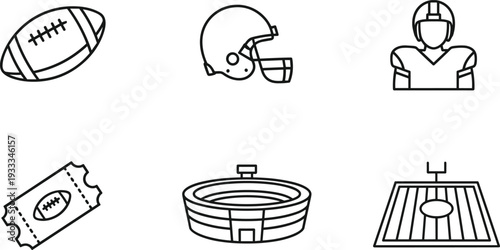 American, football, sport, icon, set, ball, helmet, player, ticket, stadium, field, goalpost, game, vector, outline, competition, league, equipment, collection, illustration