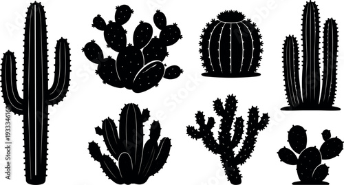 Flat vector silhouette cactus set eight species close up desert plants isolated black shapes in horizontal layout minimalist collection detailed