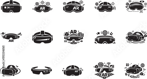 Augmented reality AR flat icon set. Futuristic digital tech VR labels isolated vector.