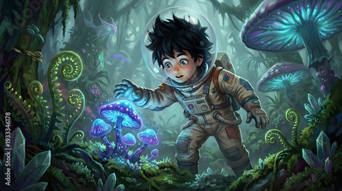 Astronaut boy exploring glowing alien mushrooms in fantasy forest