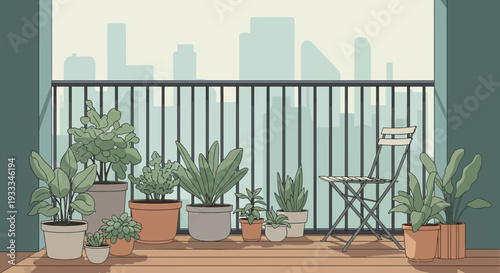An assortment of indoor plants in various pots creating a small urban garden on a balcony.