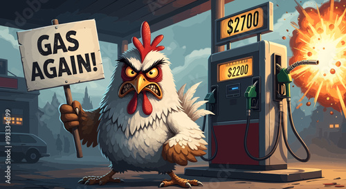 Angry Chicken Protesting High Gas Prices Holding Sign.
