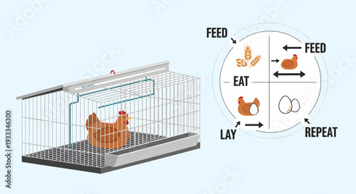 Chicken in a cage with a diagram of its life cycle.