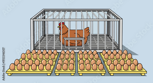 Chicken in cage with many eggs laid out.