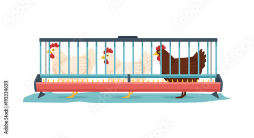 Chicken coop with chickens and feeder illustration.