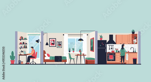 Crosssection view of a modern apartment with people living and working.