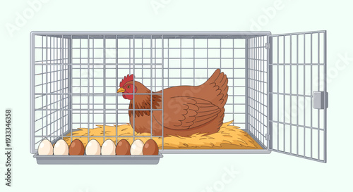 Chicken Sitting on Nest with Eggs in Cage.