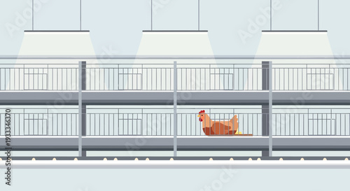 Chicken standing in a modern battery cage system.