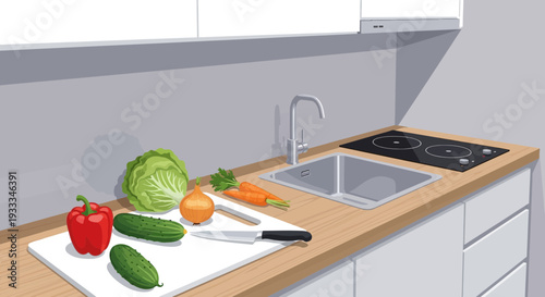 Fresh raw vegetables on a cutting board with a knife for healthy cooking.