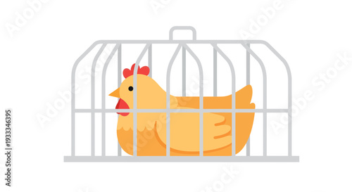 Cute cartoon chicken trapped inside a white cage.