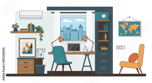 Modern home office interior with a comfortable workspace setup.